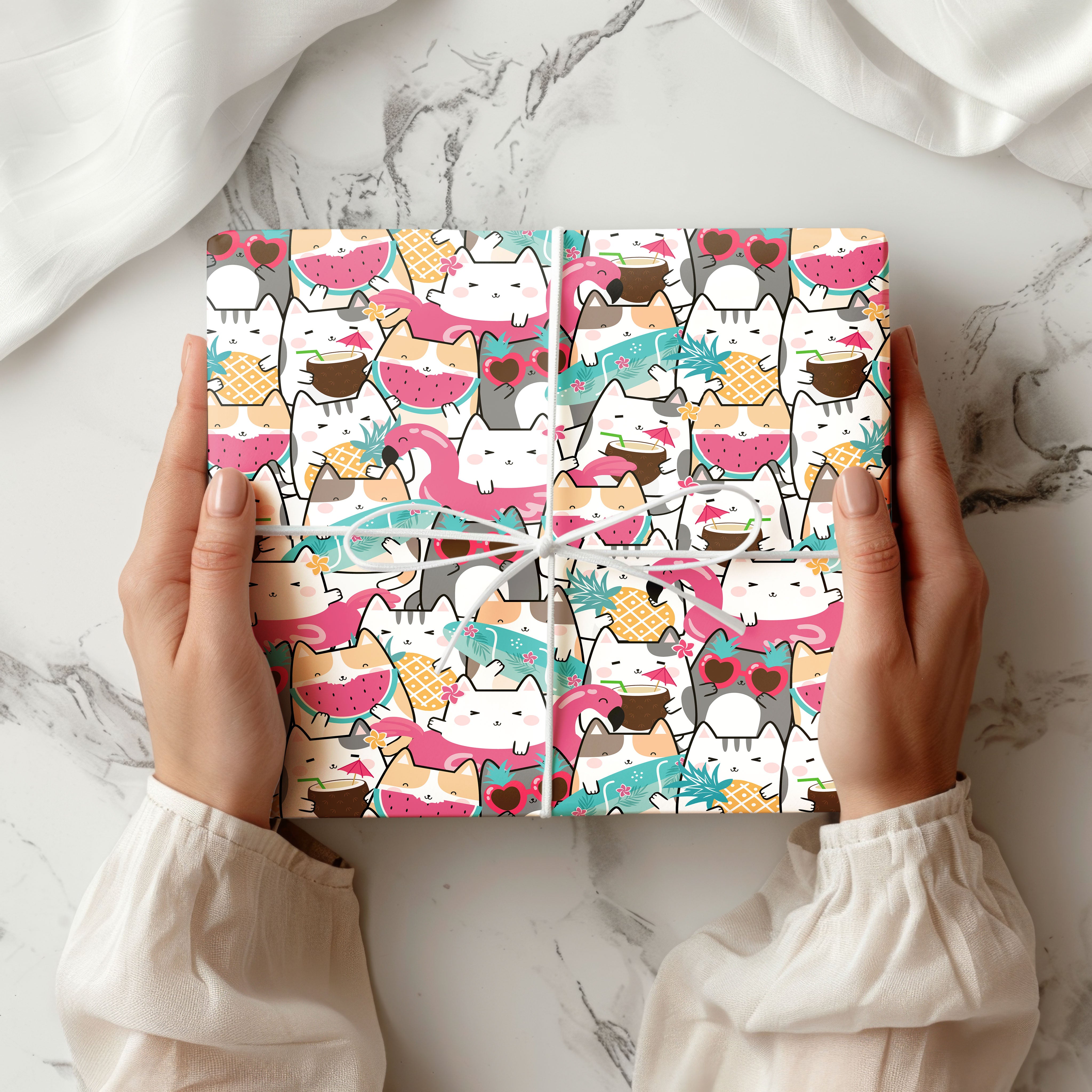 Summer Cats & Tropical Fruits Gift Wrapping Paper Sheets – Pack of 2 50x70cm