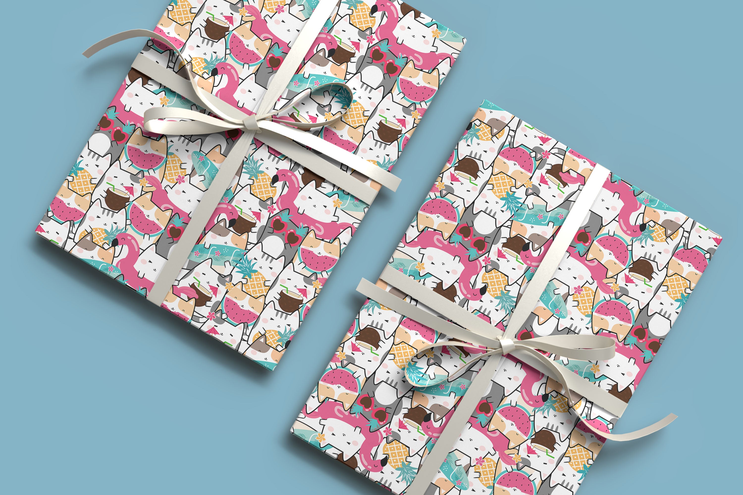 Summer Cats & Tropical Fruits Gift Wrapping Paper Sheets – Pack of 2 50x70cm