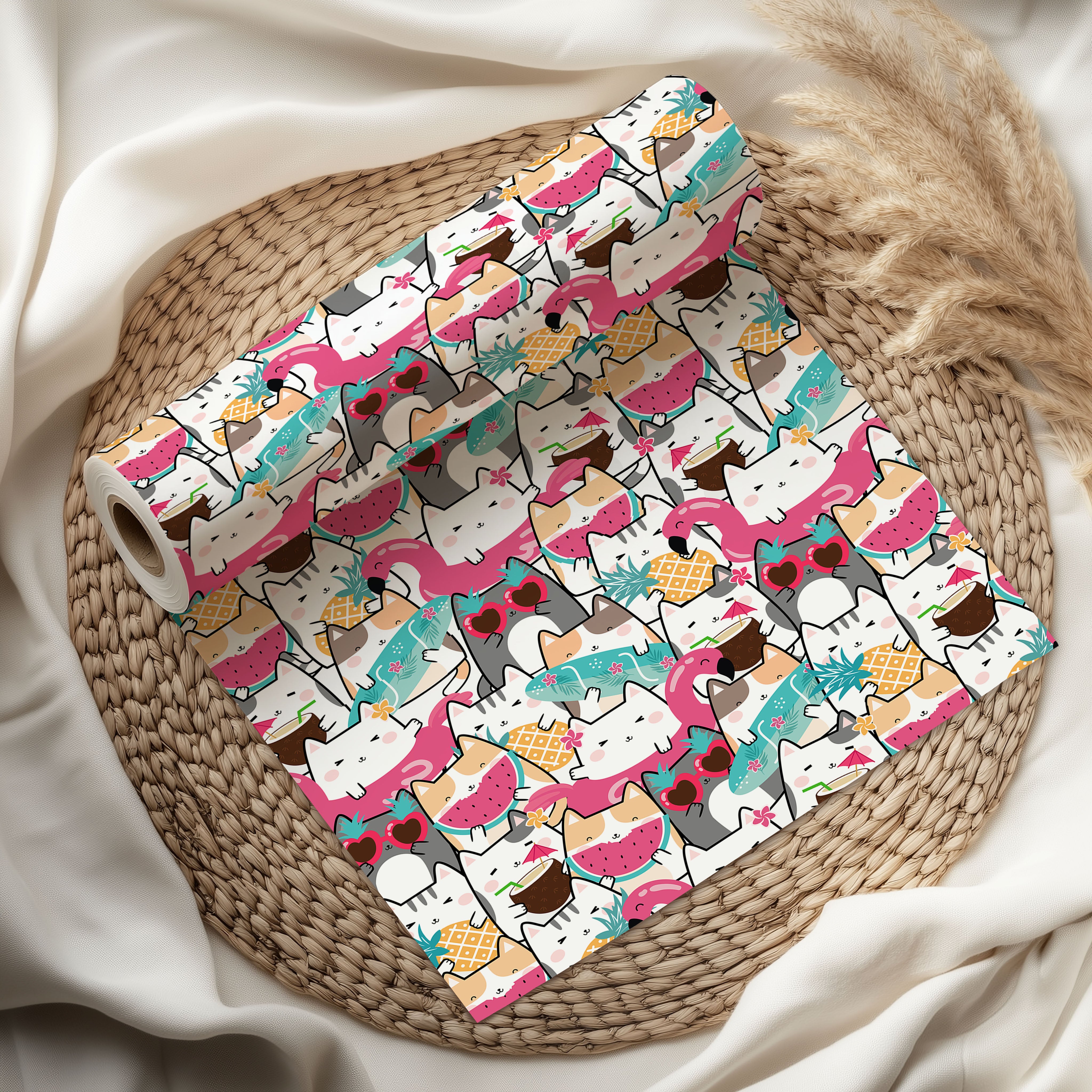 Summer Cats & Tropical Fruits Gift Wrapping Paper Sheets – Pack of 2 50x70cm