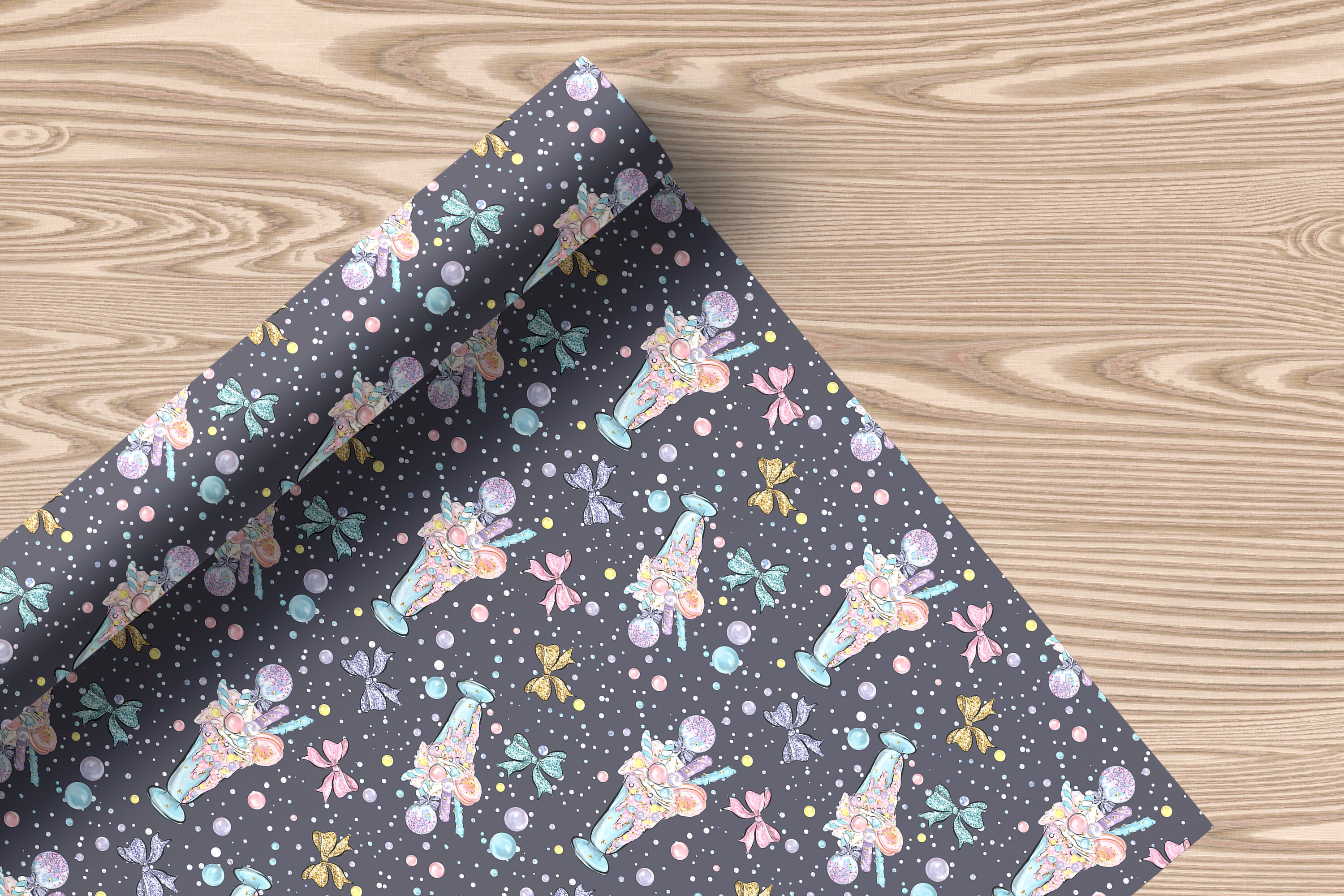 Ice Cream Sundae Wrapping Paper Sheet – Adorable Gift Wrap for Birthdays, Dark Grey